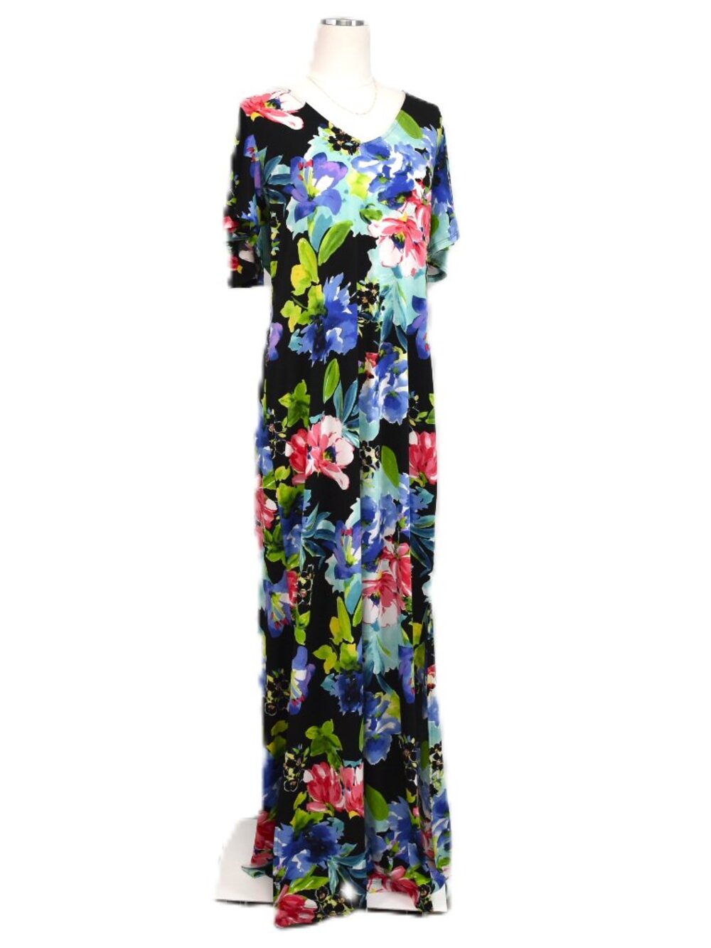 Connected Apparel Women's Vibrant Floral V-Neck Short-Sleeve Maxi Dress